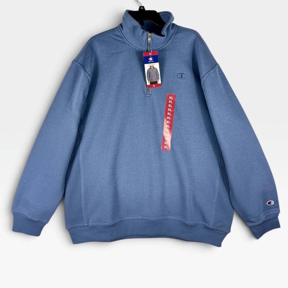 Champion Quarter Zip Pullover Mens XL Blue CPM254TL06 Fleece Logo NWT